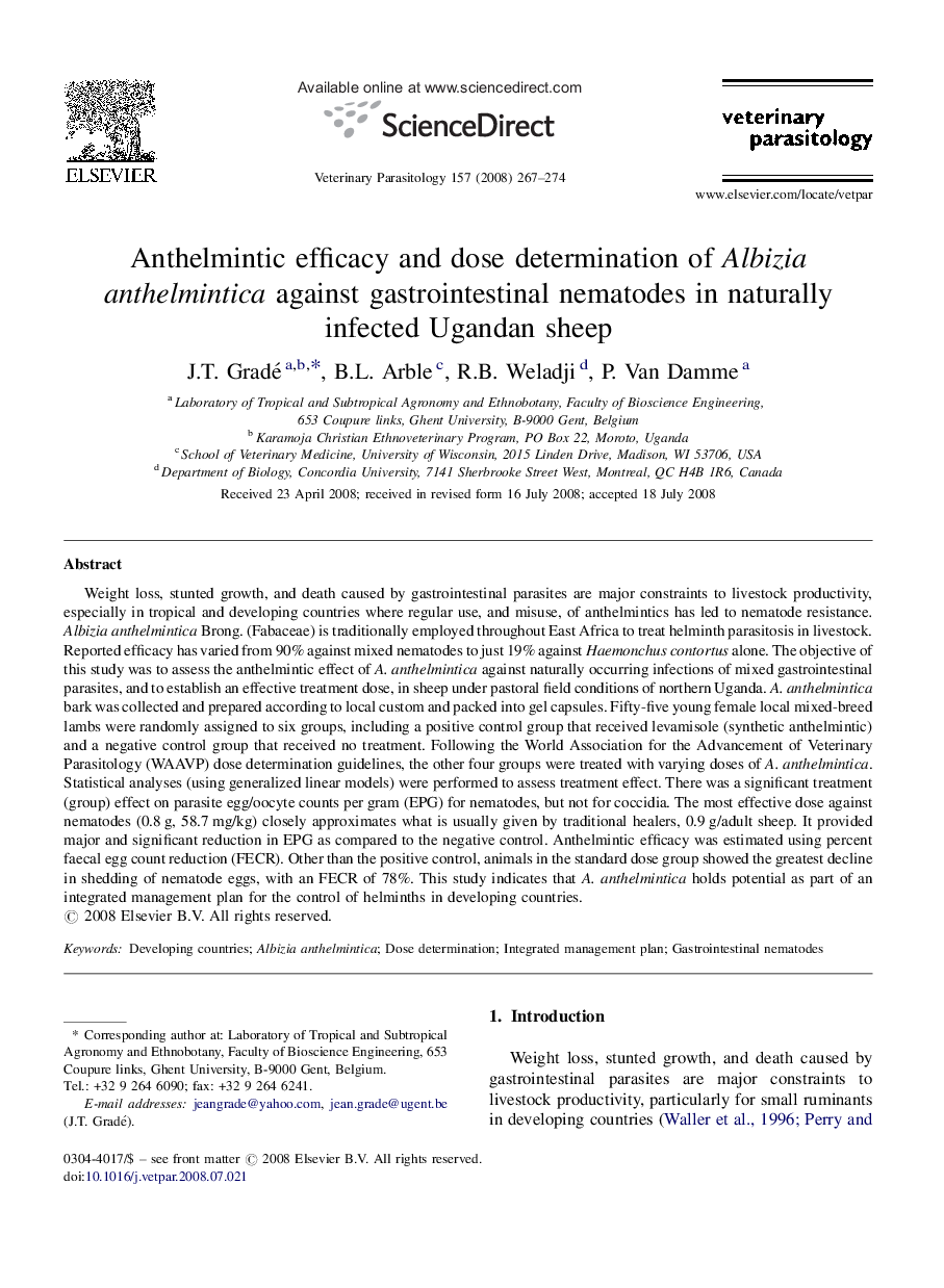 Anthelmintic efficacy and dose determination of Albizia anthelmintica against gastrointestinal nematodes in naturally infected Ugandan sheep