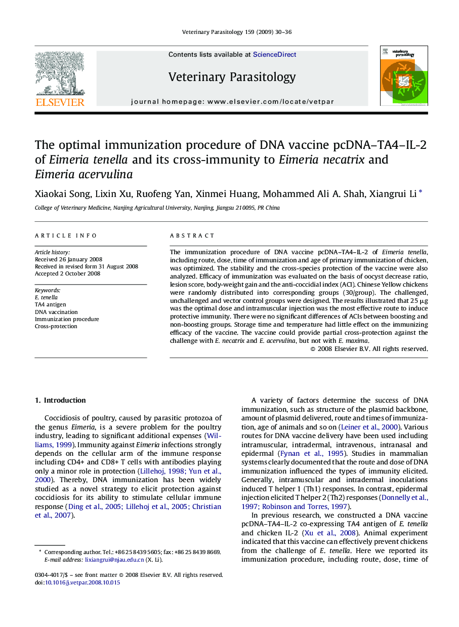The optimal immunization procedure of DNA vaccine pcDNA–TA4–IL-2 of Eimeria tenella and its cross-immunity to Eimeria necatrix and Eimeria acervulina