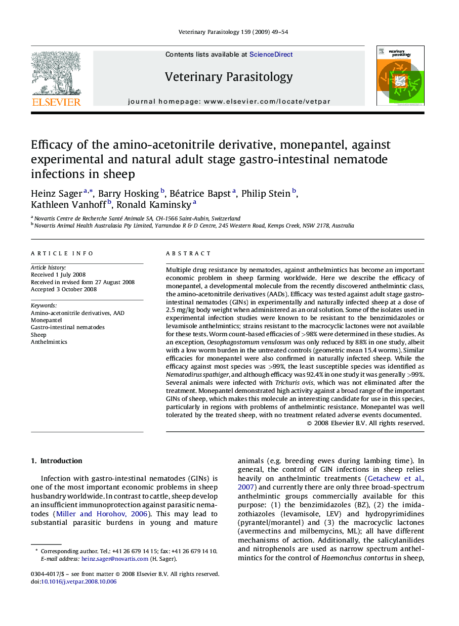 Efficacy of the amino-acetonitrile derivative, monepantel, against experimental and natural adult stage gastro-intestinal nematode infections in sheep