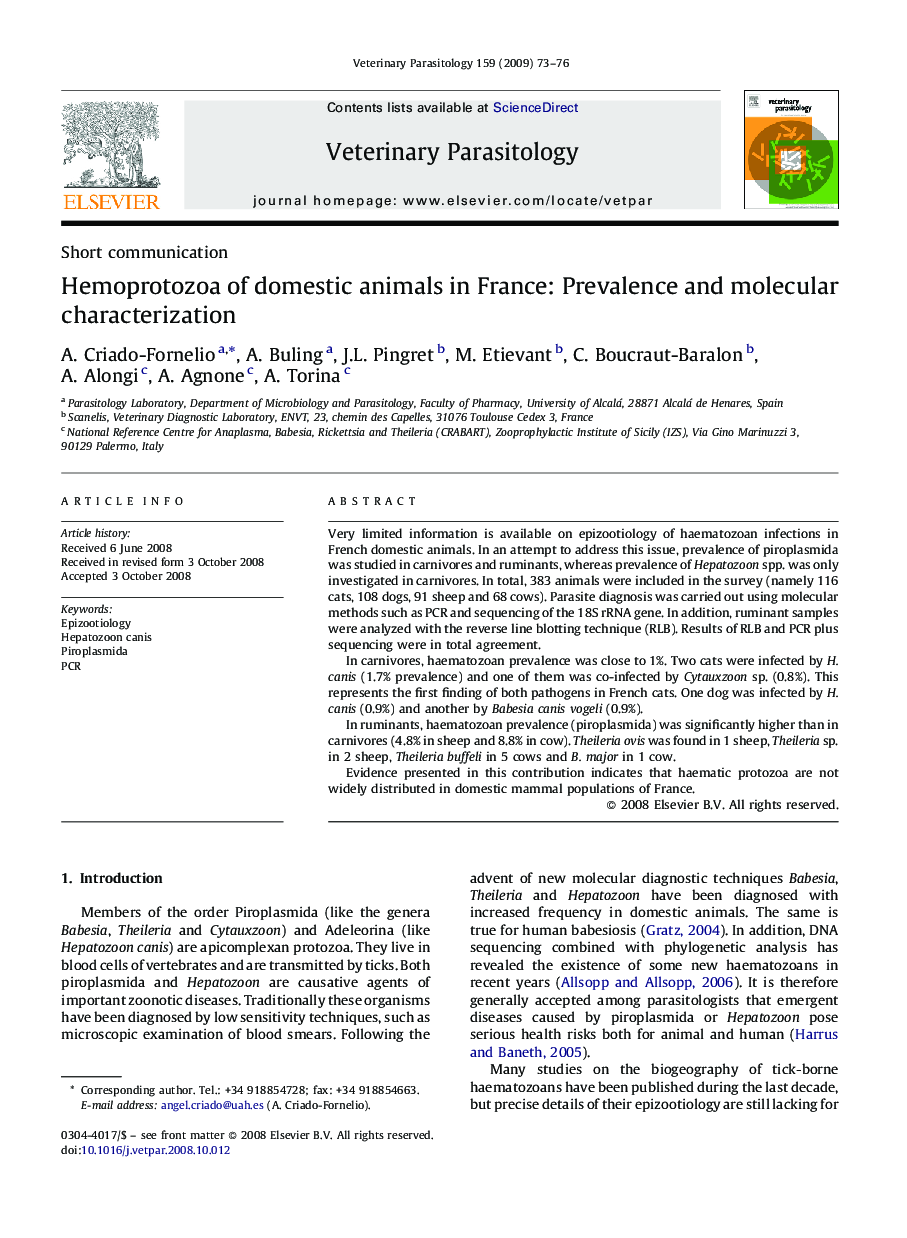 Hemoprotozoa of domestic animals in France: Prevalence and molecular characterization