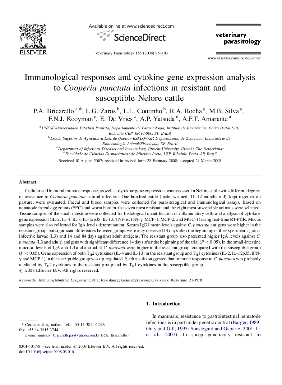 Immunological responses and cytokine gene expression analysis to Cooperia punctata infections in resistant and susceptible Nelore cattle