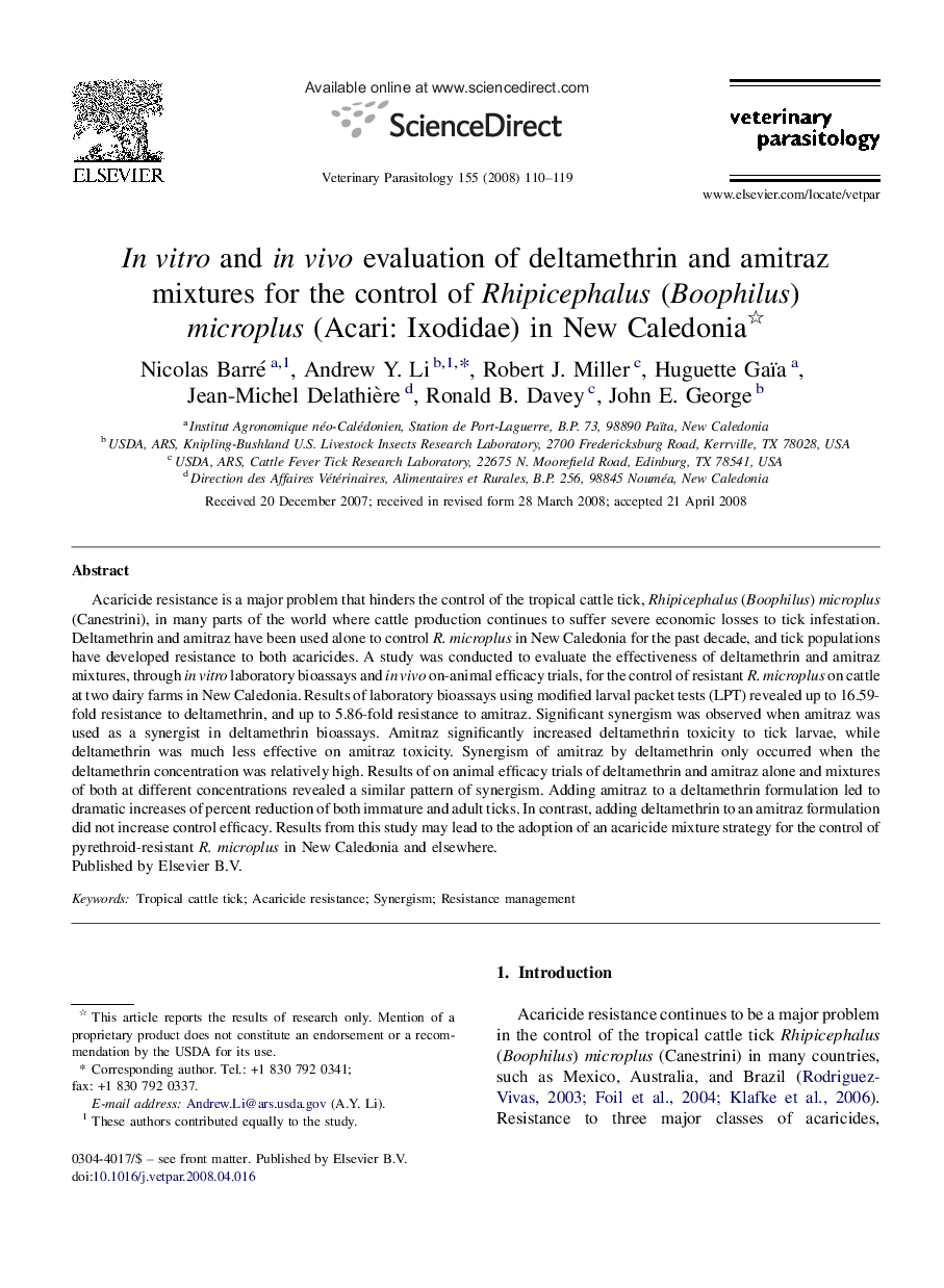 In vitro and in vivo evaluation of deltamethrin and amitraz mixtures for the control of Rhipicephalus (Boophilus) microplus (Acari: Ixodidae) in New Caledonia 