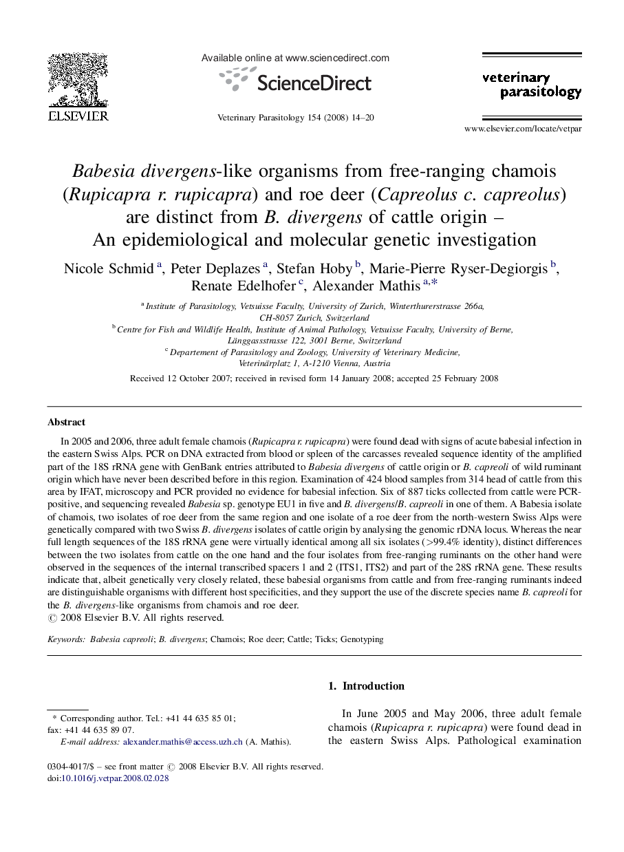 Babesia divergens-like organisms from free-ranging chamois (Rupicapra r. rupicapra) and roe deer (Capreolus c. capreolus) are distinct from B. divergens of cattle origin – An epidemiological and molecular genetic investigation