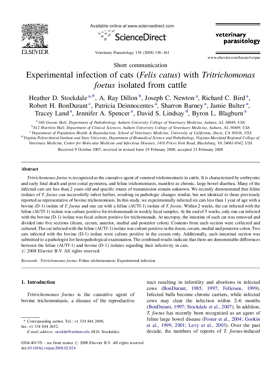 Experimental infection of cats (Felis catus) with Tritrichomonas foetus isolated from cattle