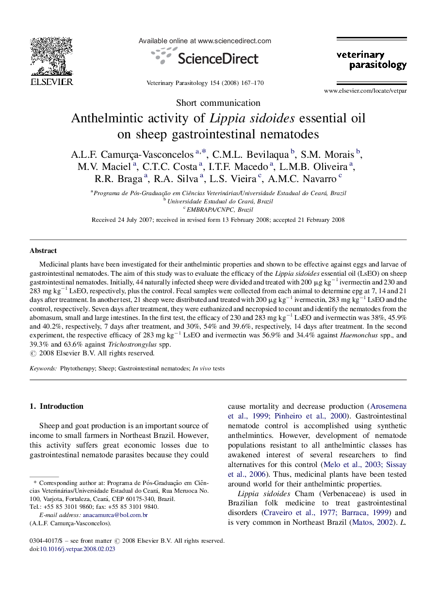 Anthelmintic activity of Lippia sidoides essential oil on sheep gastrointestinal nematodes