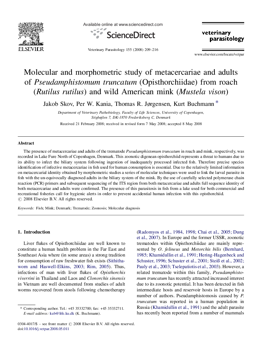 Molecular and morphometric study of metacercariae and adults of Pseudamphistomum truncatum (Opisthorchiidae) from roach (Rutilus rutilus) and wild American mink (Mustela vison)