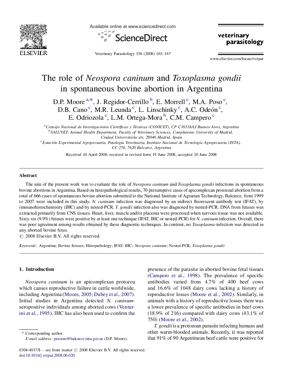 The role of Neospora caninum and Toxoplasma gondii in spontaneous bovine abortion in Argentina