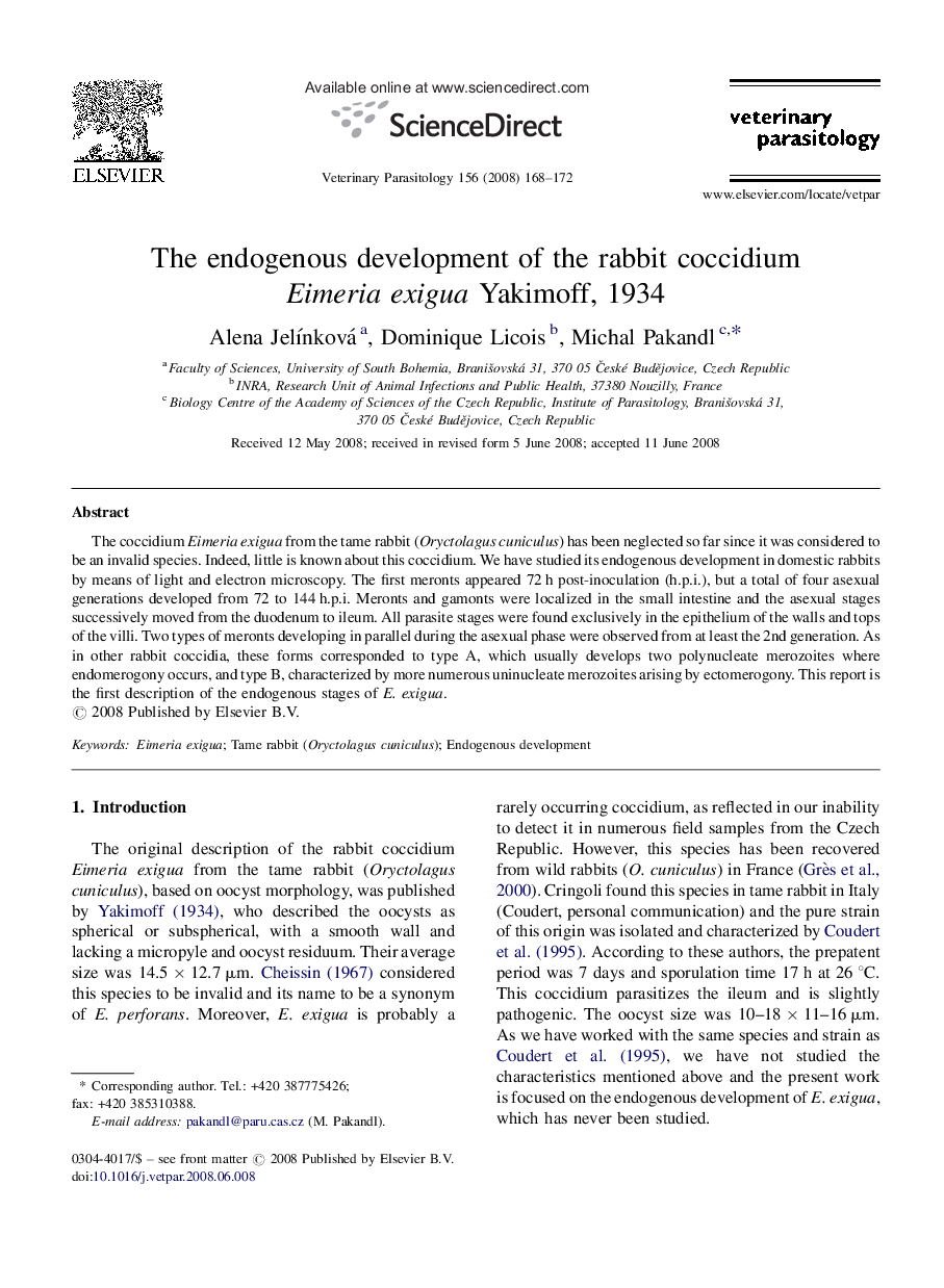 The endogenous development of the rabbit coccidium Eimeria exigua Yakimoff, 1934