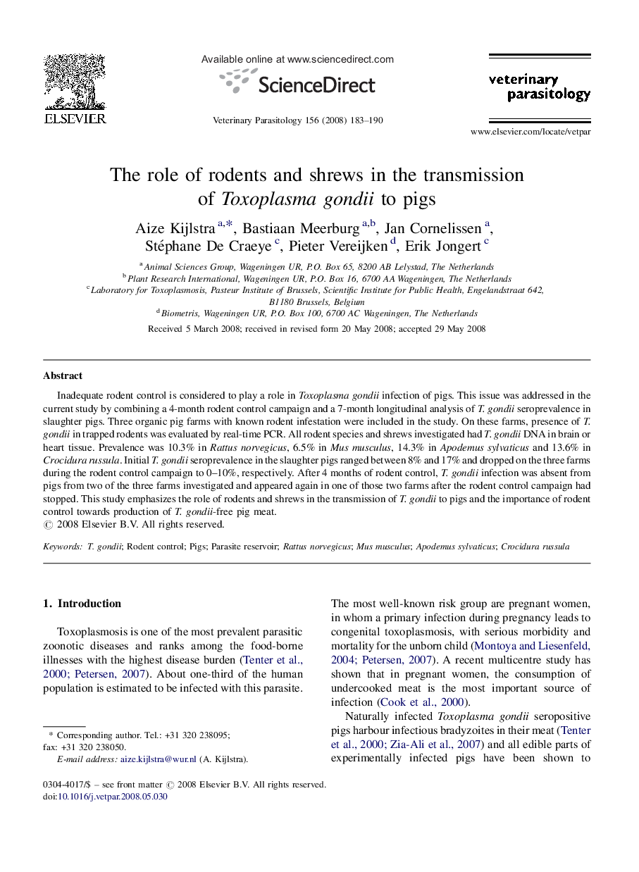 The role of rodents and shrews in the transmission of Toxoplasma gondii to pigs