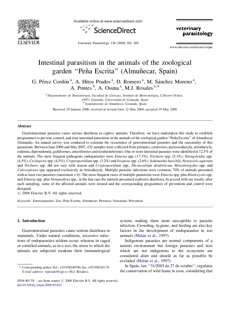 Intestinal parasitism in the animals of the zoological garden “Peña Escrita” (Almuñecar, Spain)