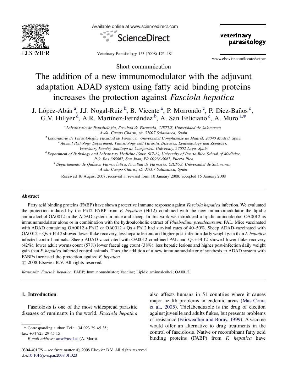 The addition of a new immunomodulator with the adjuvant adaptation ADAD system using fatty acid binding proteins increases the protection against Fasciola hepatica