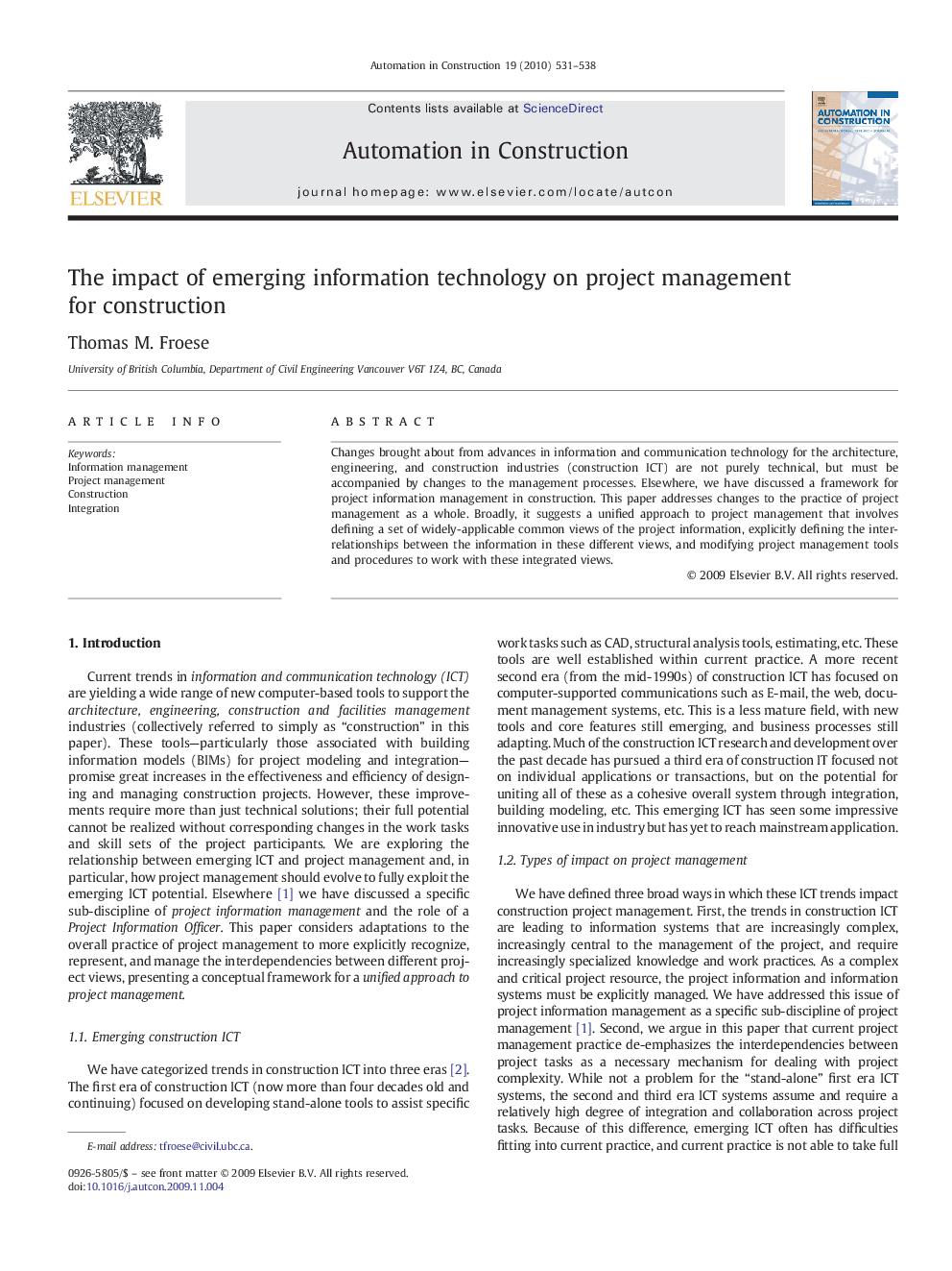 The impact of emerging information technology on project management for construction