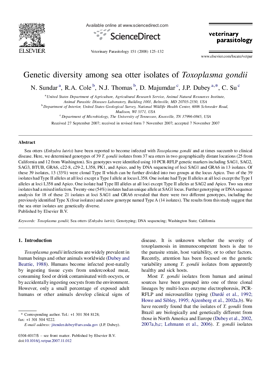 Genetic diversity among sea otter isolates of Toxoplasma gondii