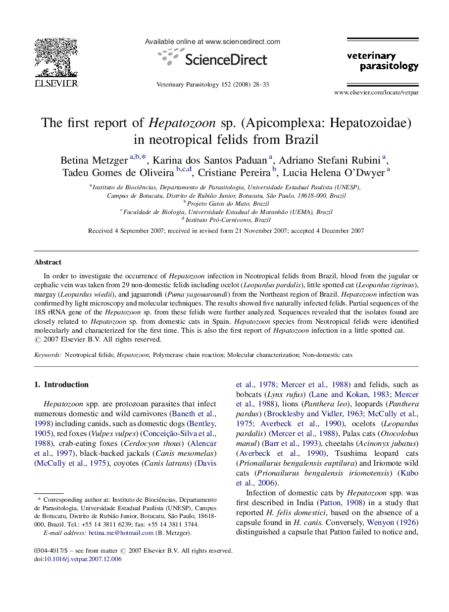 The first report of Hepatozoon sp. (Apicomplexa: Hepatozoidae) in neotropical felids from Brazil