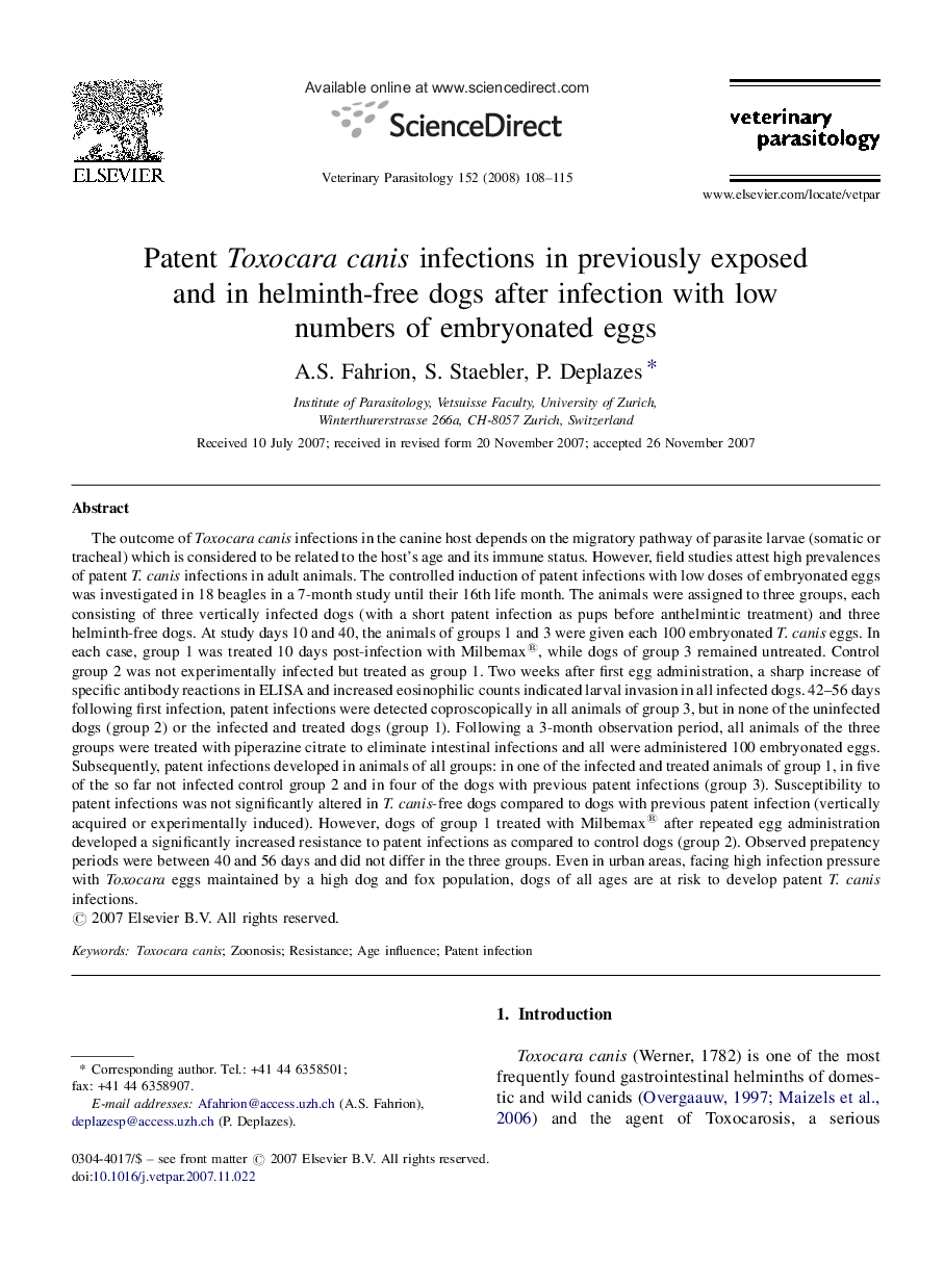 Patent Toxocara canis infections in previously exposed and in helminth-free dogs after infection with low numbers of embryonated eggs