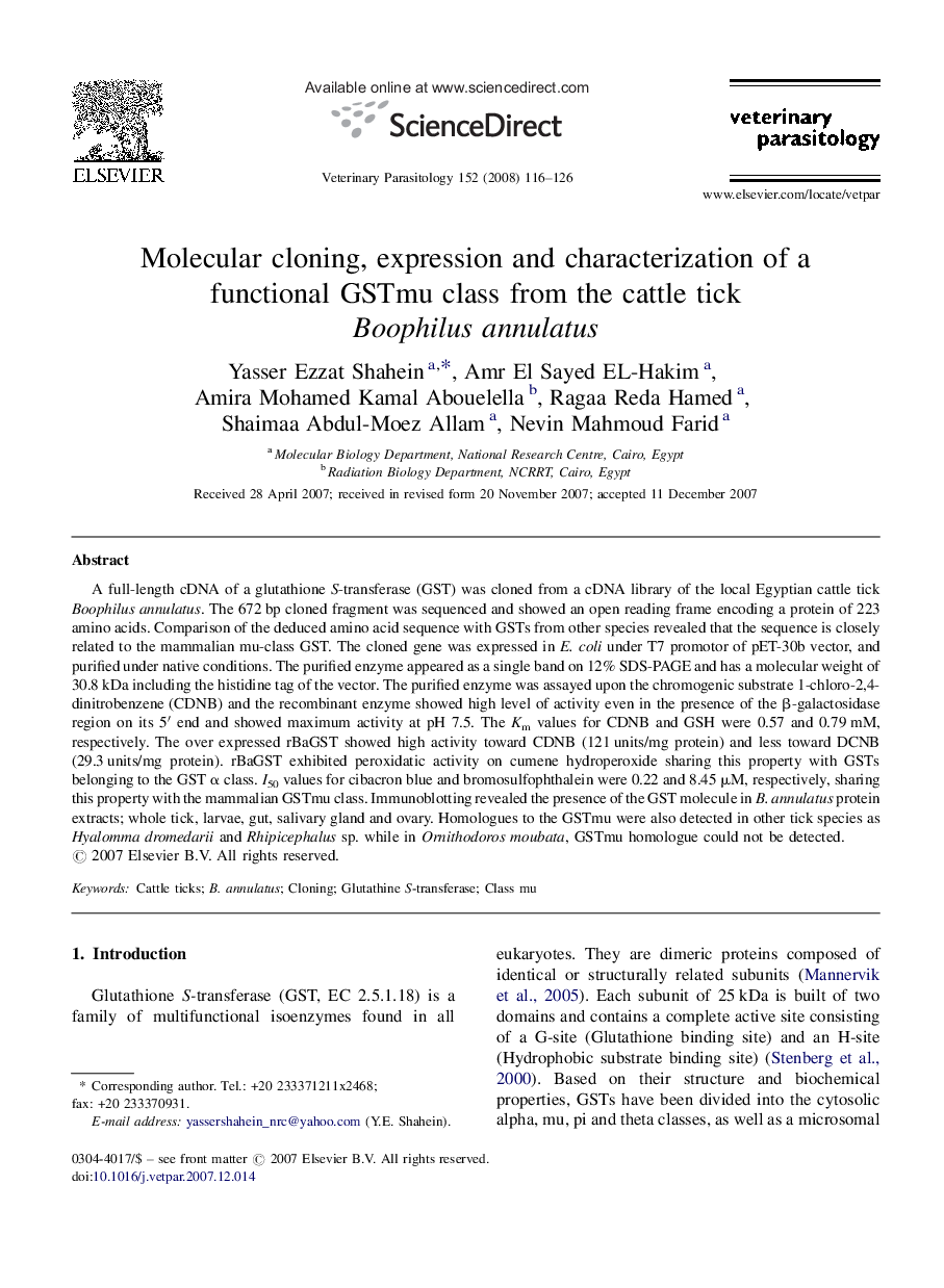 Molecular cloning, expression and characterization of a functional GSTmu class from the cattle tick Boophilus annulatus