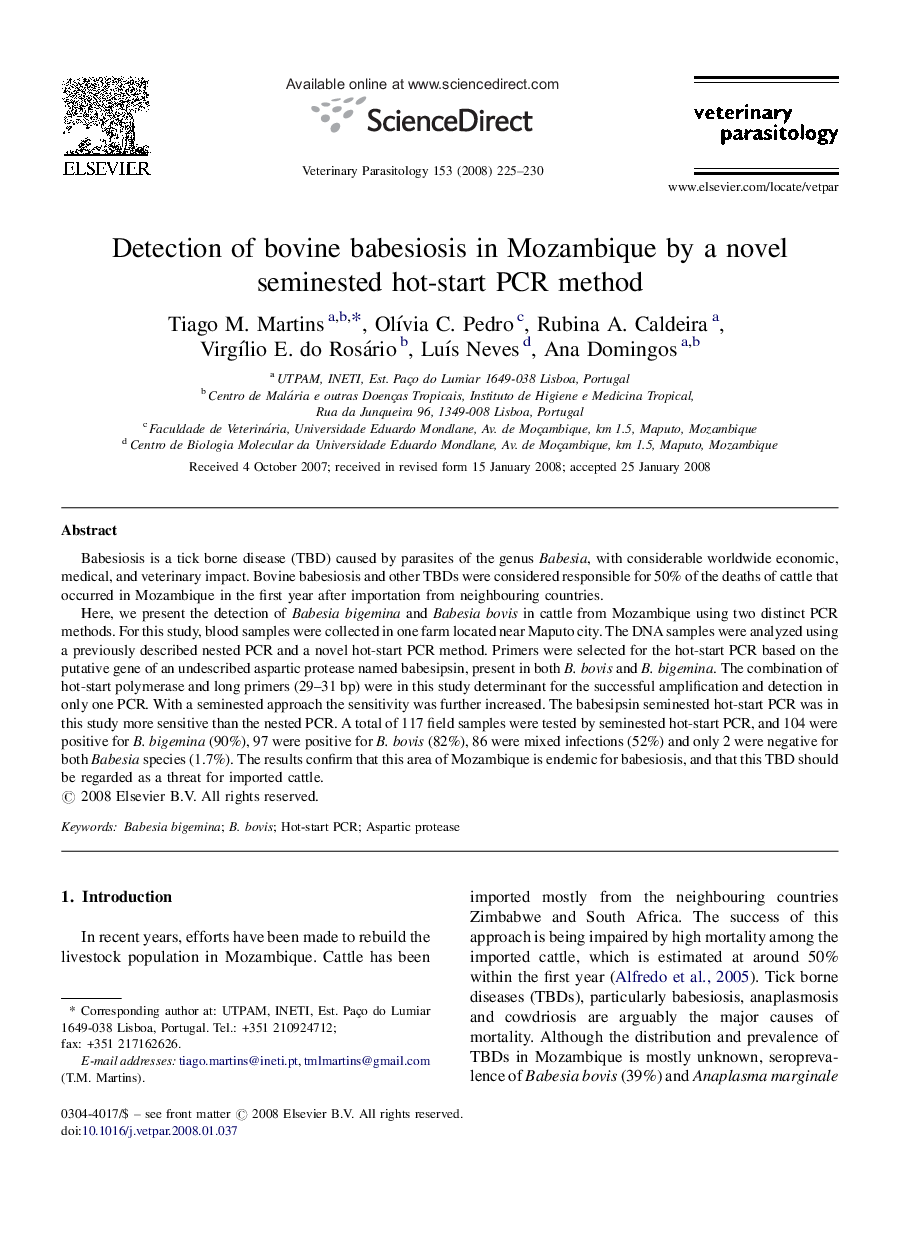 Detection of bovine babesiosis in Mozambique by a novel seminested hot-start PCR method