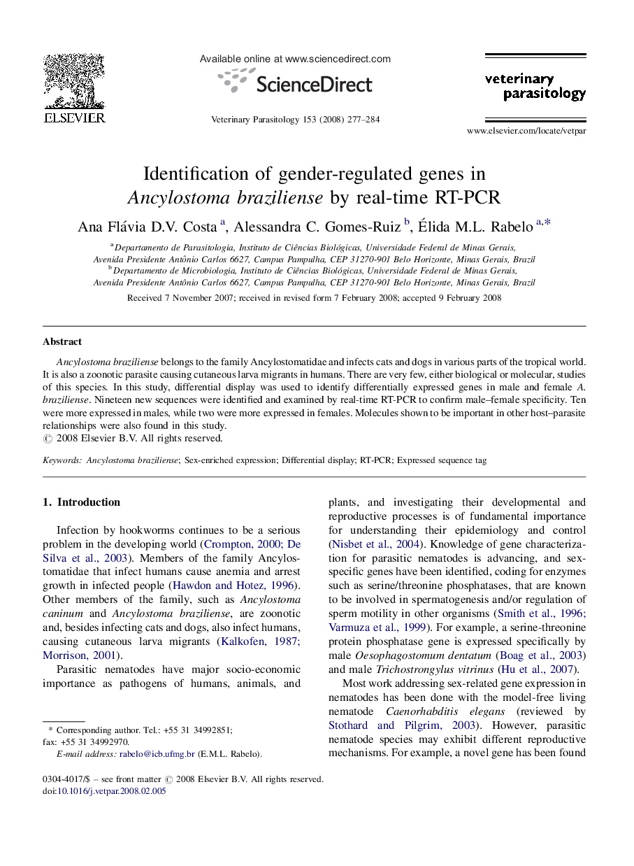 Identification of gender-regulated genes in Ancylostoma braziliense by real-time RT-PCR