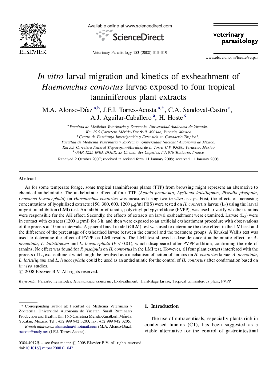 In vitro larval migration and kinetics of exsheathment of Haemonchus contortus larvae exposed to four tropical tanniniferous plant extracts