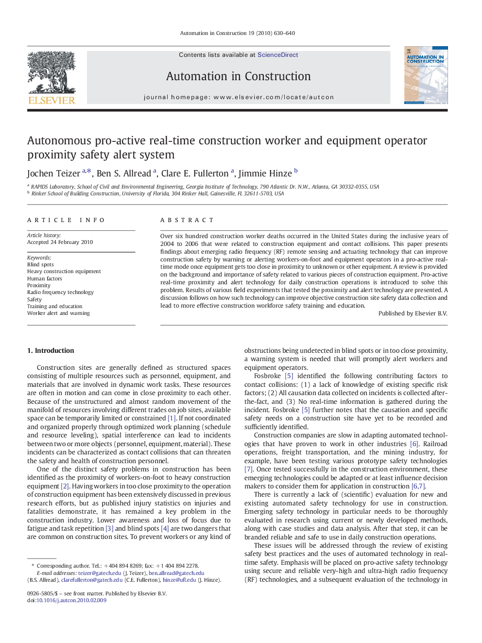 Autonomous pro-active real-time construction worker and equipment operator proximity safety alert system