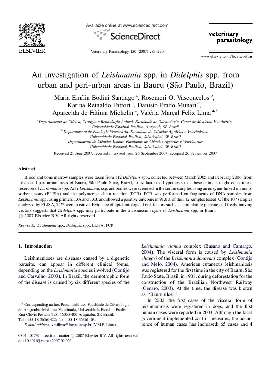 An investigation of Leishmania spp. in Didelphis spp. from urban and peri-urban areas in Bauru (São Paulo, Brazil)