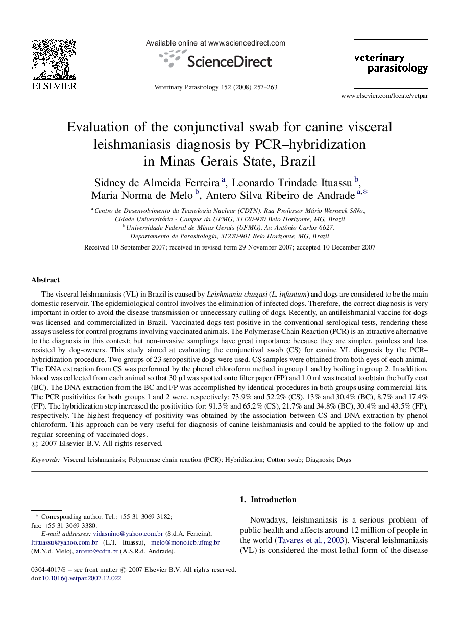 Evaluation of the conjunctival swab for canine visceral leishmaniasis diagnosis by PCR–hybridization in Minas Gerais State, Brazil