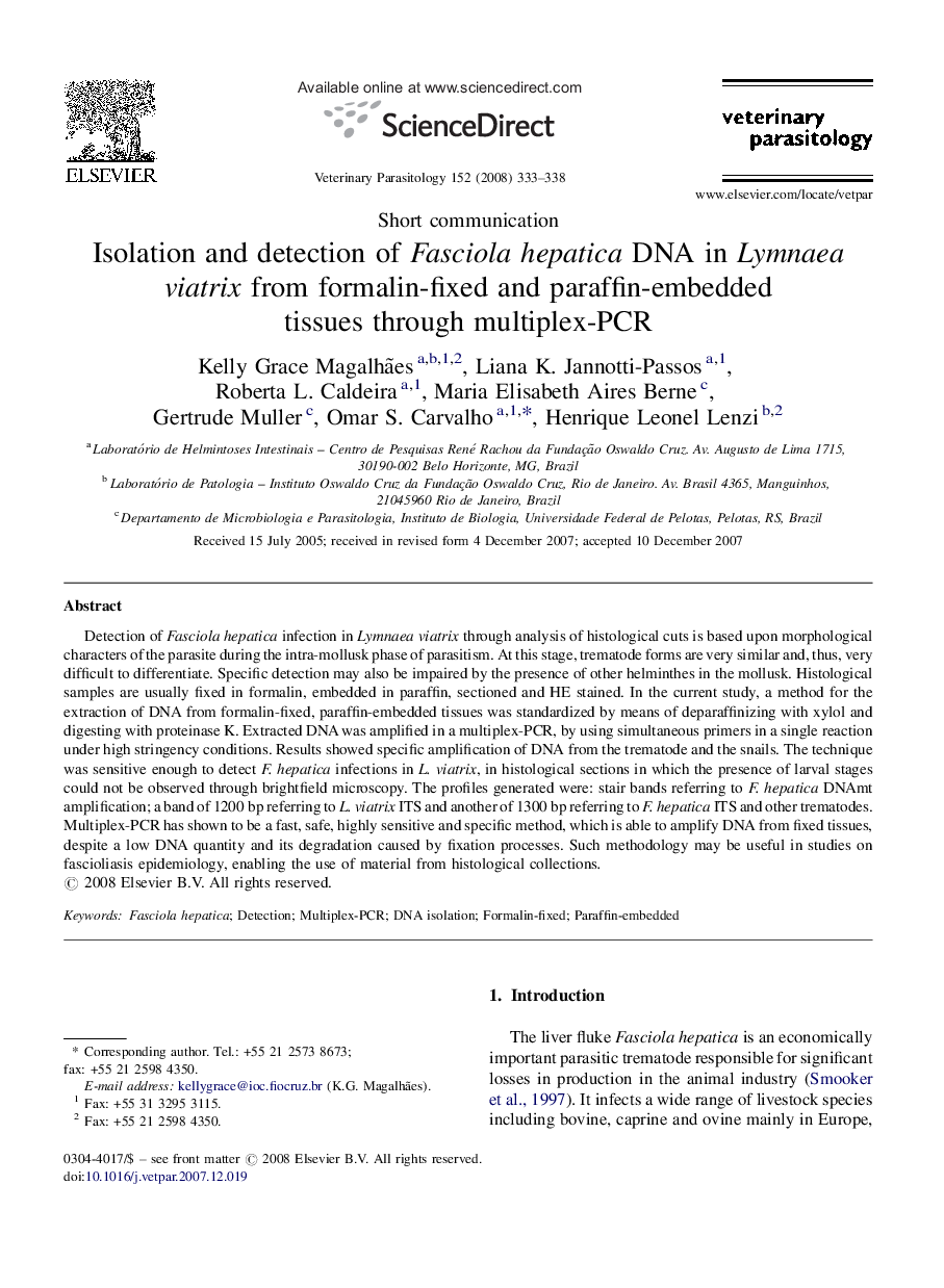 Isolation and detection of Fasciola hepatica DNA in Lymnaea viatrix from formalin-fixed and paraffin-embedded tissues through multiplex-PCR