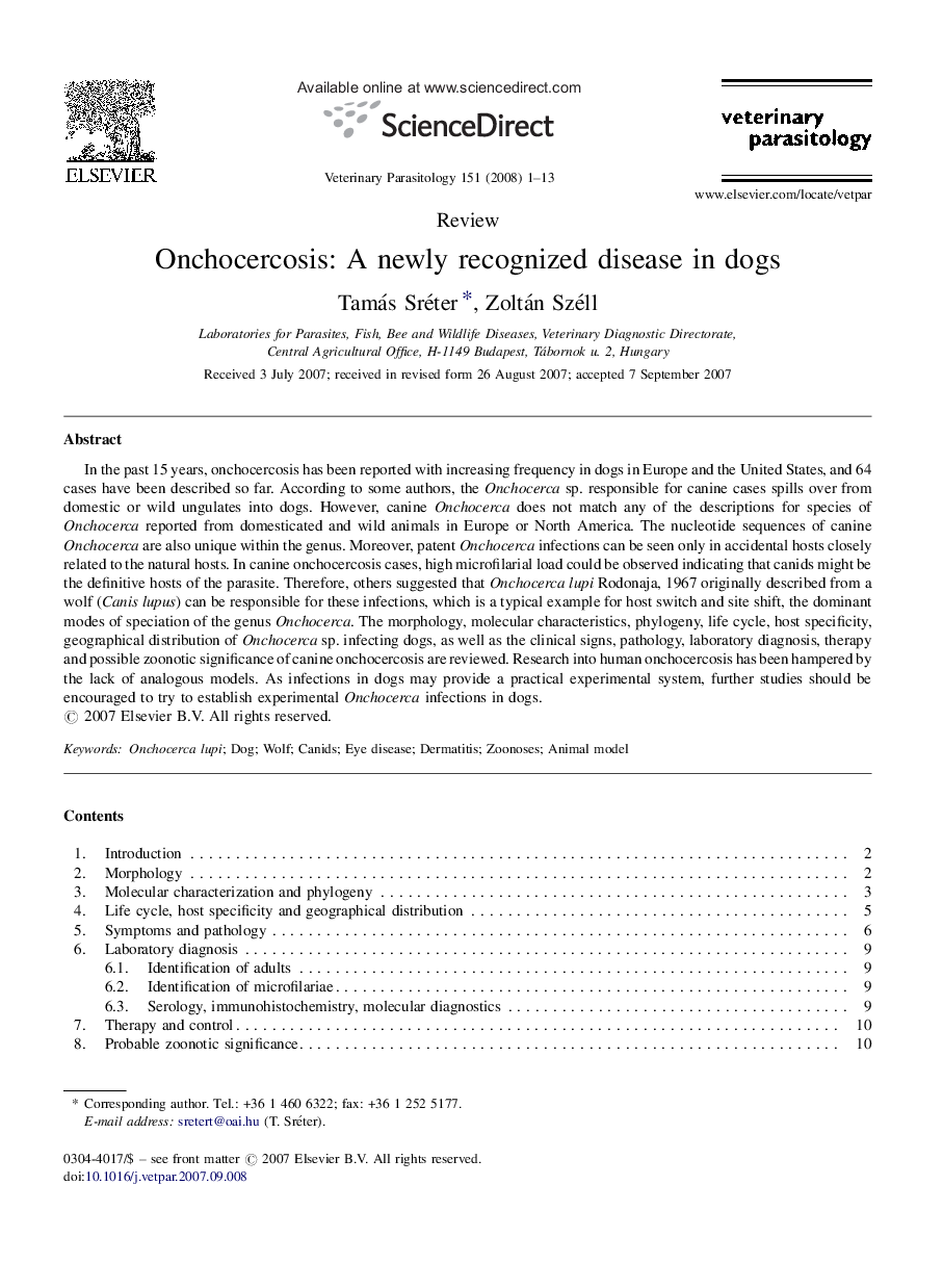 Onchocercosis: A newly recognized disease in dogs