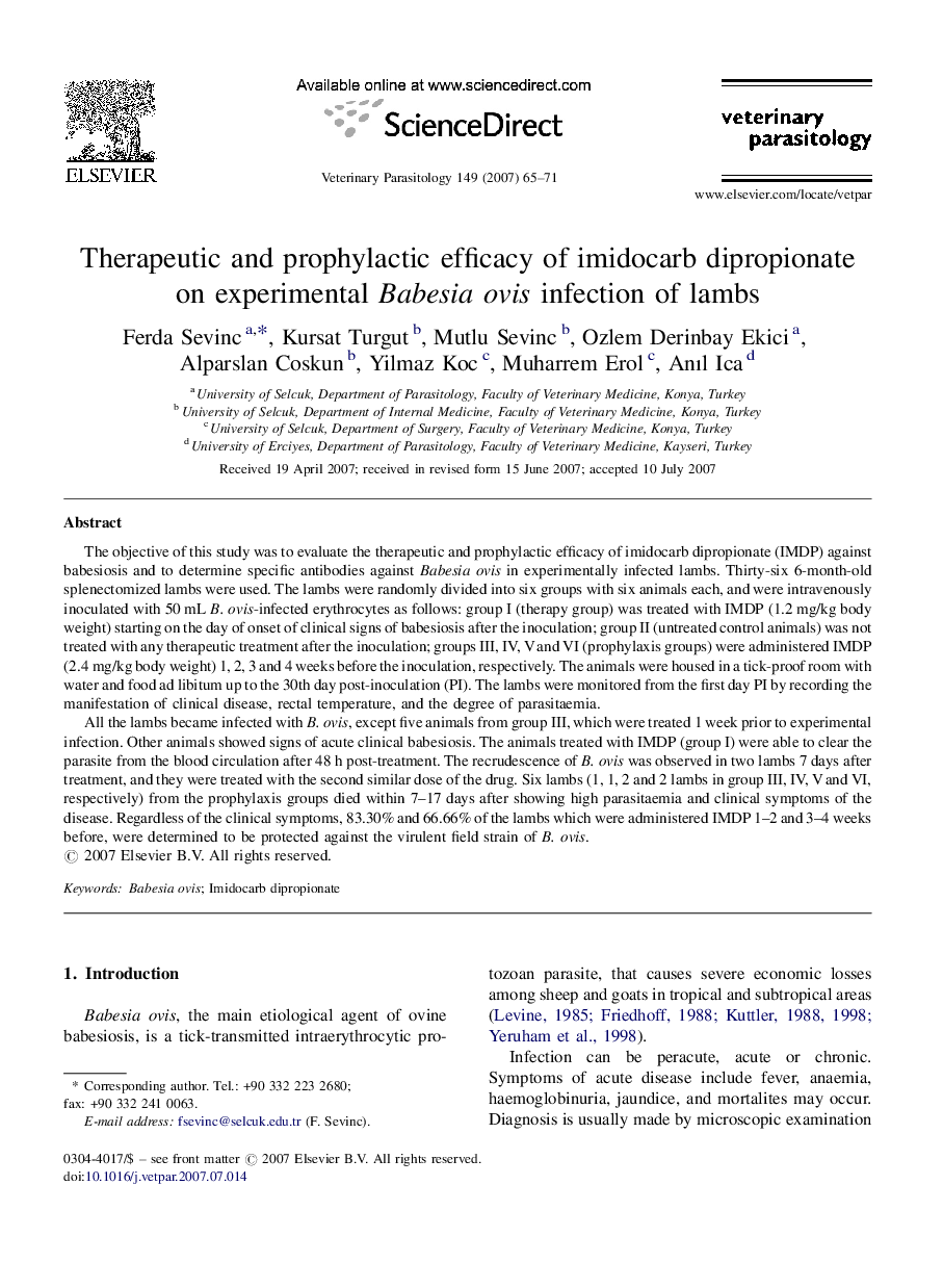 Therapeutic and prophylactic efficacy of imidocarb dipropionate on experimental Babesia ovis infection of lambs