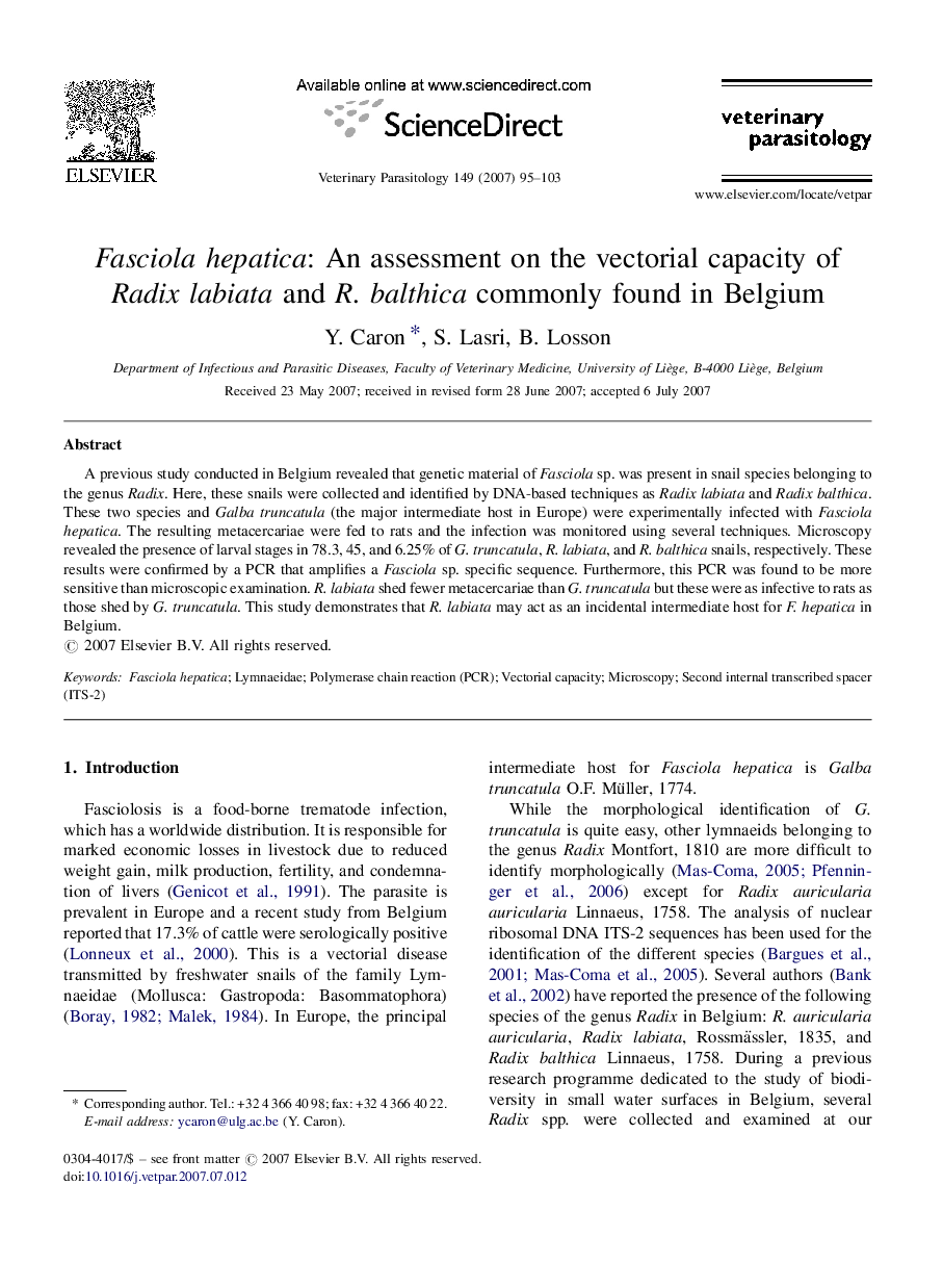 Fasciola hepatica: An assessment on the vectorial capacity of Radix labiata and R. balthica commonly found in Belgium