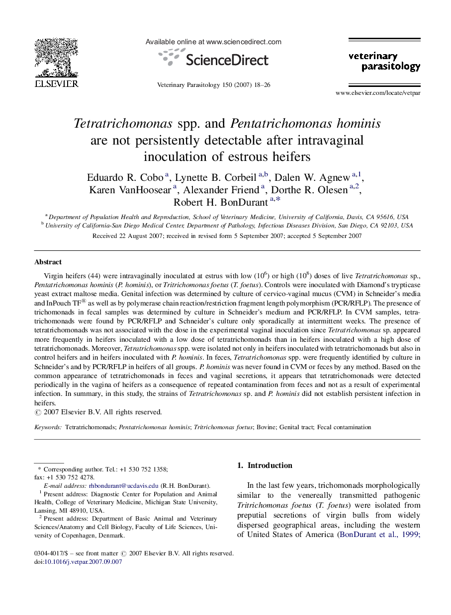 Tetratrichomonas spp. and Pentatrichomonas hominis are not persistently detectable after intravaginal inoculation of estrous heifers