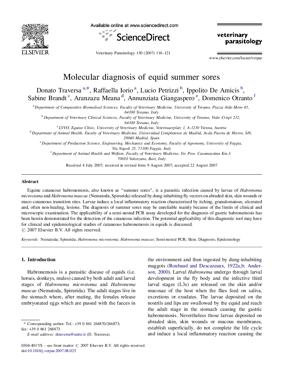 عکس صفحه اول مقاله: Molecular diagnosis of equid summer sores Molecular diagnosis of equid summer sores