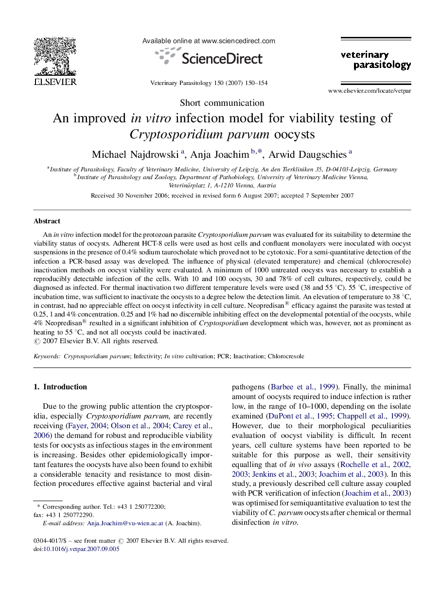 An improved in vitro infection model for viability testing of Cryptosporidium parvum oocysts