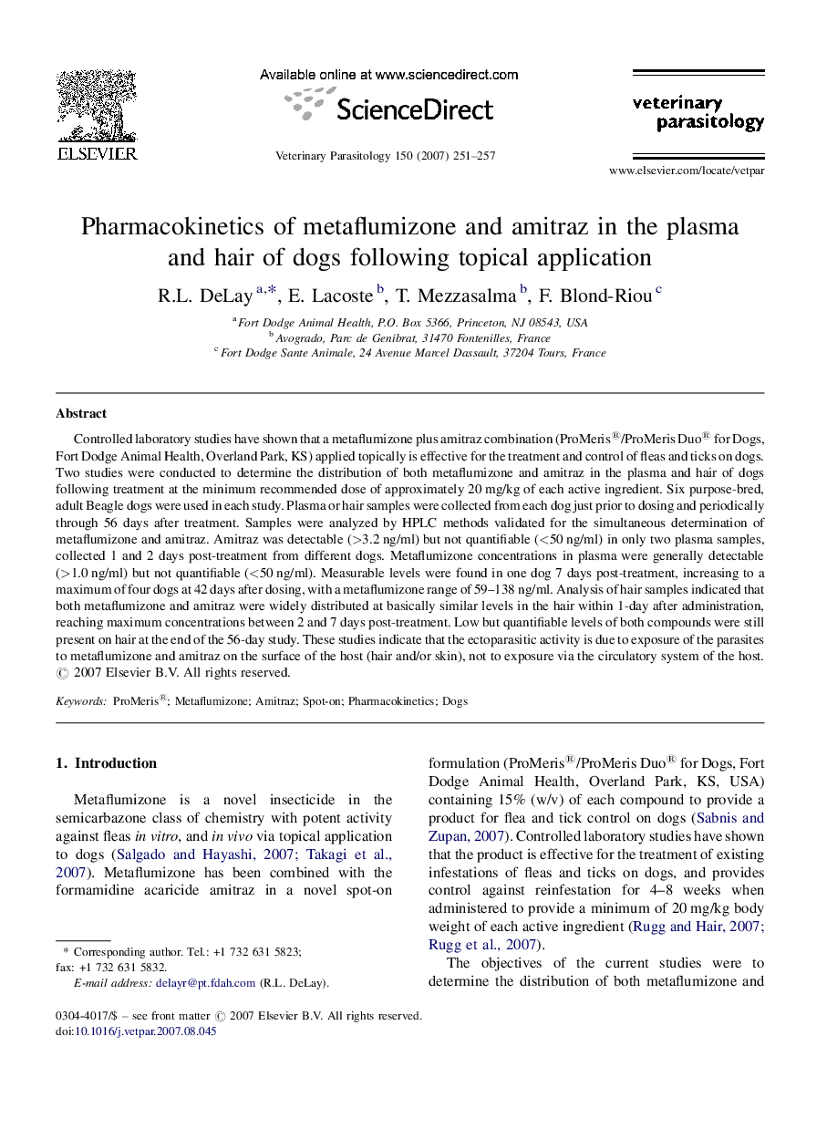 Pharmacokinetics of metaflumizone and amitraz in the plasma and hair of dogs following topical application