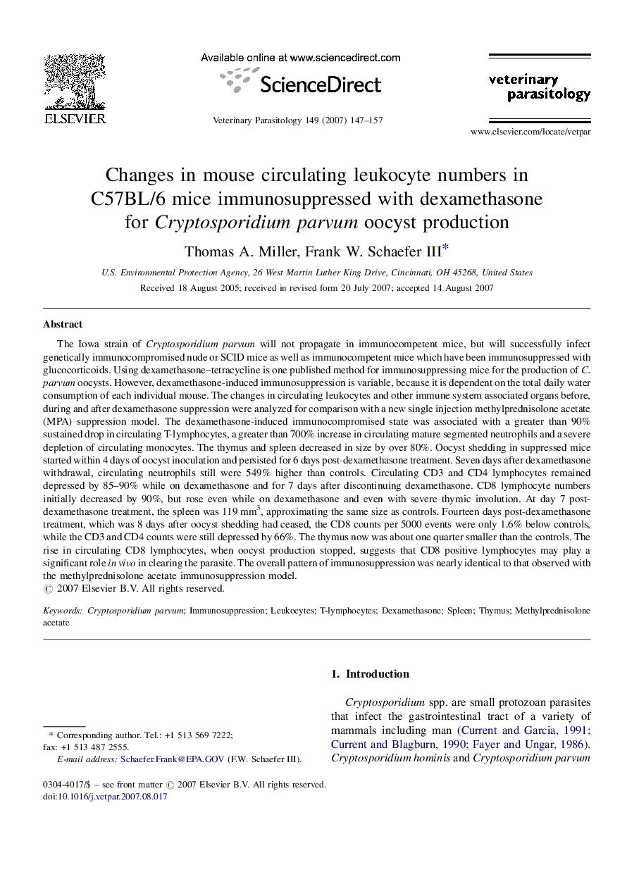 Changes in mouse circulating leukocyte numbers in C57BL/6 mice immunosuppressed with dexamethasone for Cryptosporidium parvum oocyst production