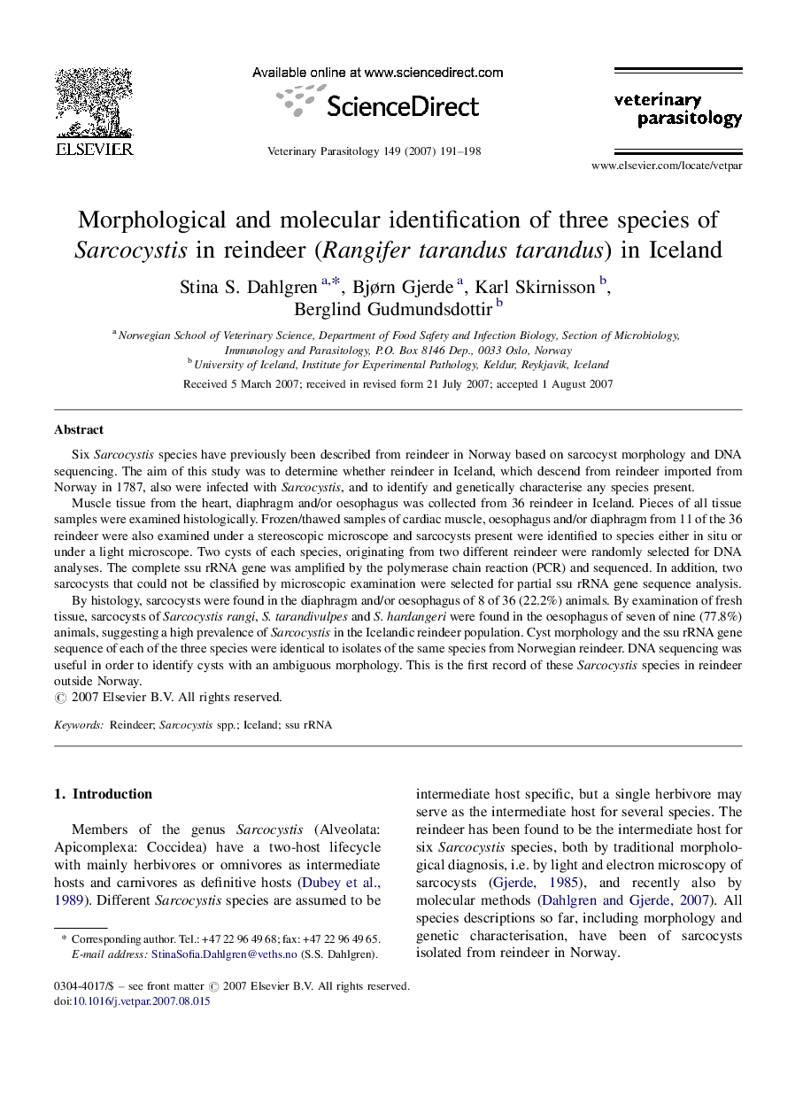 Morphological and molecular identification of three species of Sarcocystis in reindeer (Rangifer tarandus tarandus) in Iceland