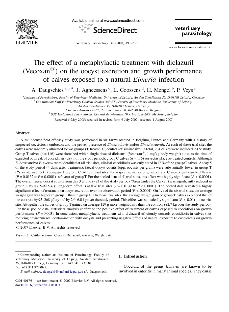 The effect of a metaphylactic treatment with diclazuril (Vecoxan®) on the oocyst excretion and growth performance of calves exposed to a natural Eimeria infection