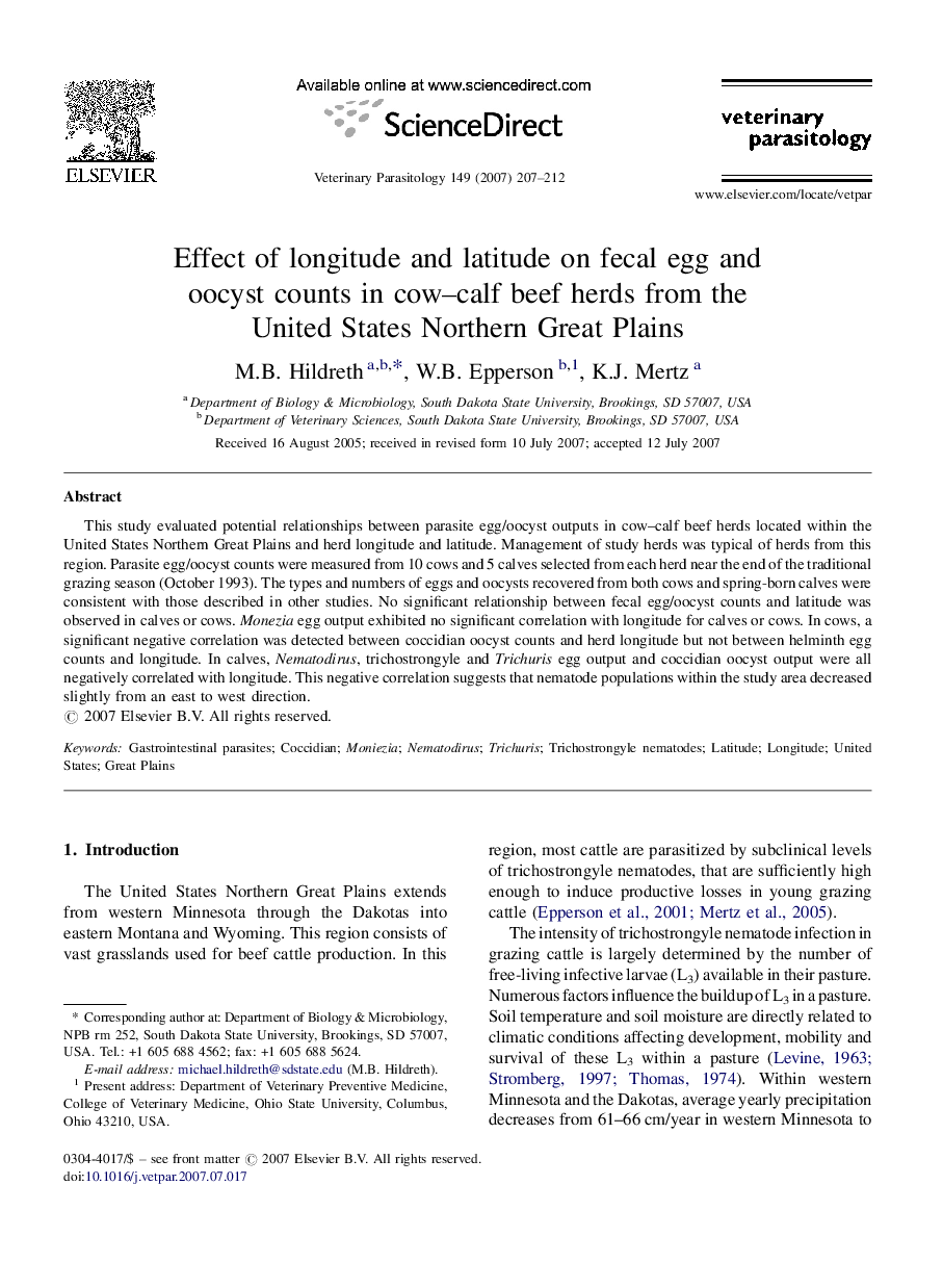 Effect of longitude and latitude on fecal egg and oocyst counts in cow–calf beef herds from the United States Northern Great Plains