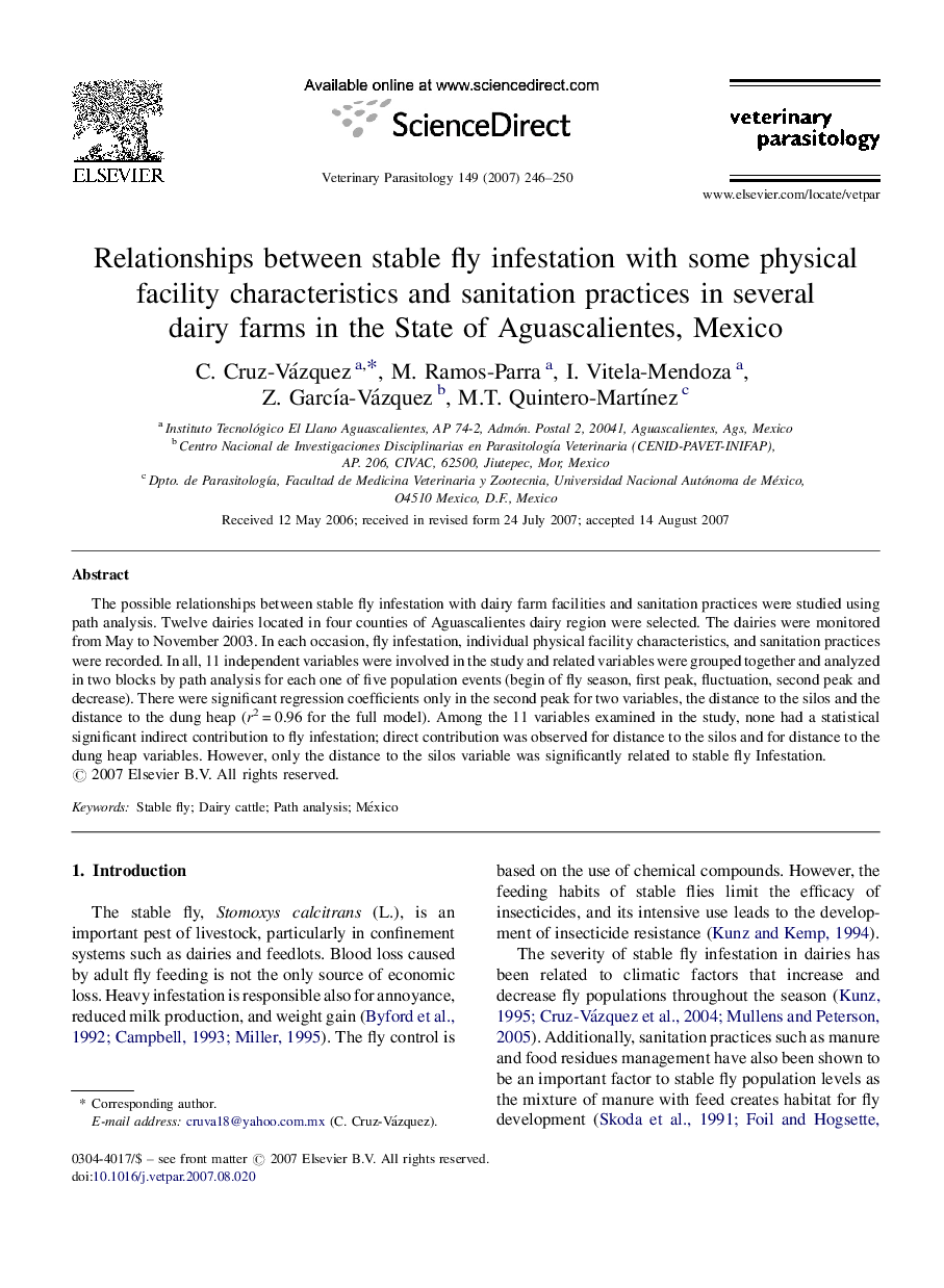 Relationships between stable fly infestation with some physical facility characteristics and sanitation practices in several dairy farms in the State of Aguascalientes, Mexico