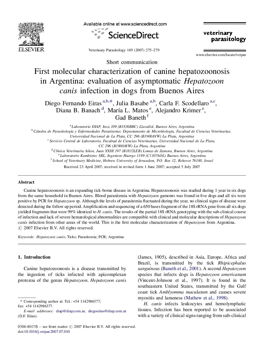 First molecular characterization of canine hepatozoonosis in Argentina: evaluation of asymptomatic Hepatozoon canis infection in dogs from Buenos Aires