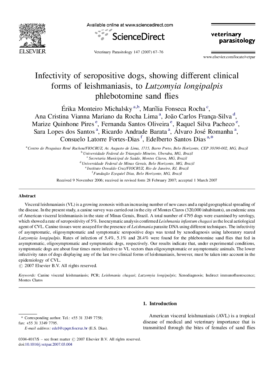 Infectivity of seropositive dogs, showing different clinical forms of leishmaniasis, to Lutzomyia longipalpis phlebotomine sand flies