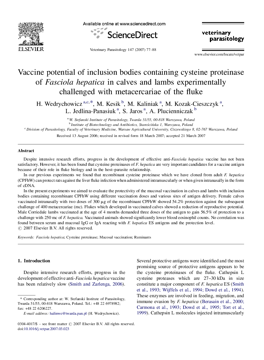 Vaccine potential of inclusion bodies containing cysteine proteinase of Fasciola hepatica in calves and lambs experimentally challenged with metacercariae of the fluke