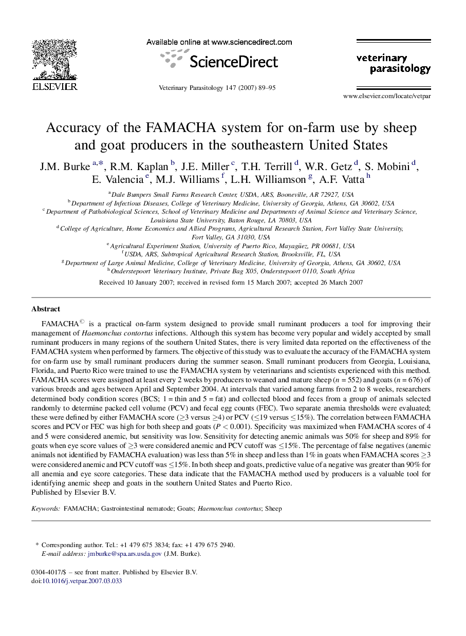 Accuracy of the FAMACHA system for on-farm use by sheep and goat producers in the southeastern United States