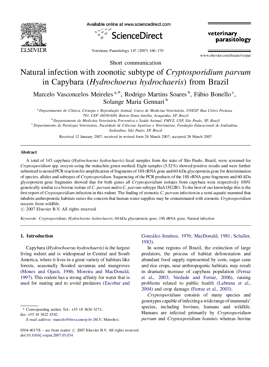 Natural infection with zoonotic subtype of Cryptosporidium parvum in Capybara (Hydrochoerus hydrochaeris) from Brazil