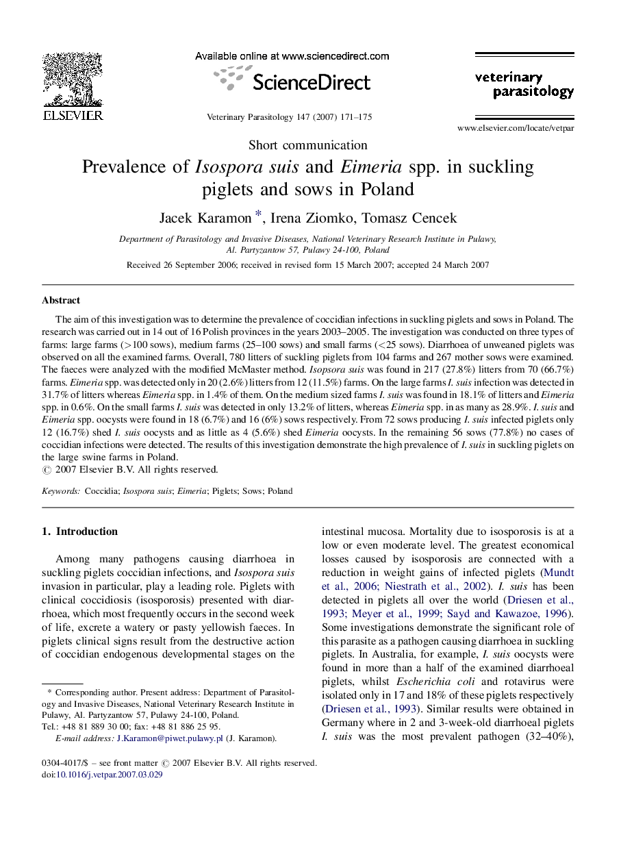 Prevalence of Isospora suis and Eimeria spp. in suckling piglets and sows in Poland