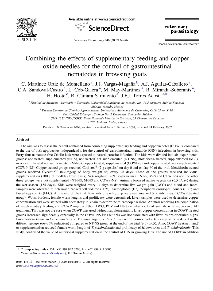 Combining the effects of supplementary feeding and copper oxide needles for the control of gastrointestinal nematodes in browsing goats