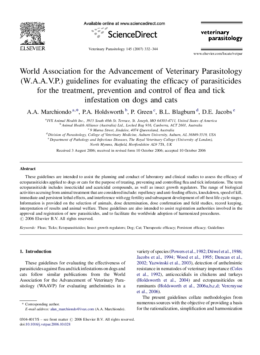 World Association for the Advancement of Veterinary Parasitology (W.A.A.V.P.) guidelines for evaluating the efficacy of parasiticides for the treatment, prevention and control of flea and tick infestation on dogs and cats