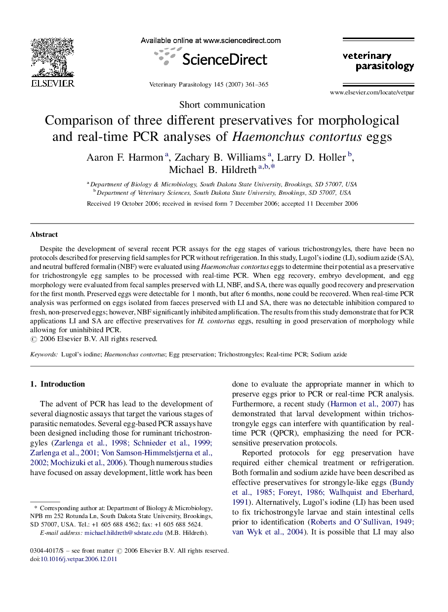 Comparison of three different preservatives for morphological and real-time PCR analyses of Haemonchus contortus eggs