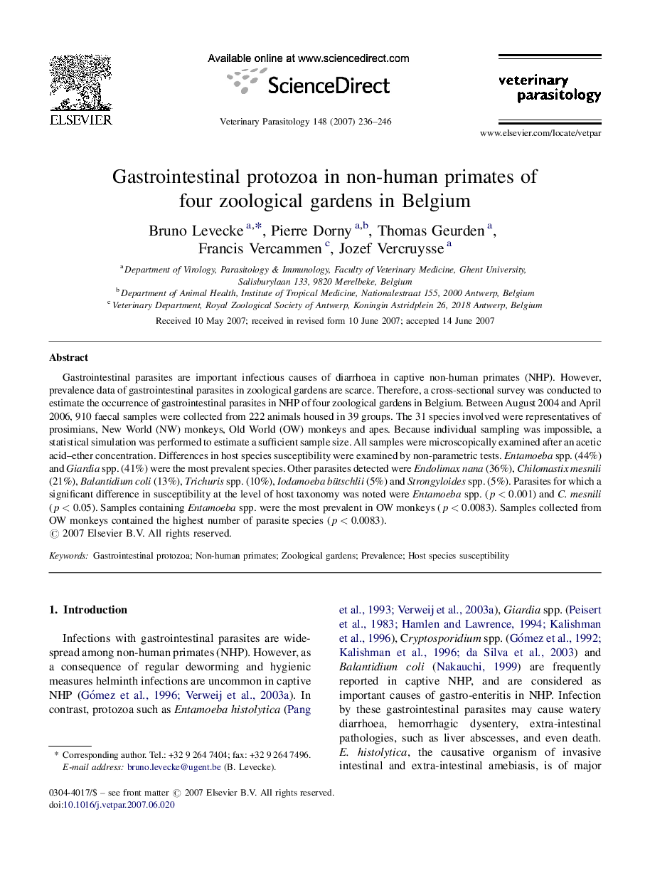 Gastrointestinal protozoa in non-human primates of four zoological gardens in Belgium