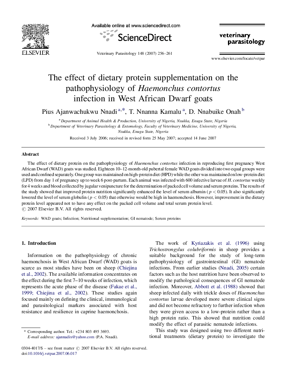 The effect of dietary protein supplementation on the pathophysiology of Haemonchus contortus infection in West African Dwarf goats